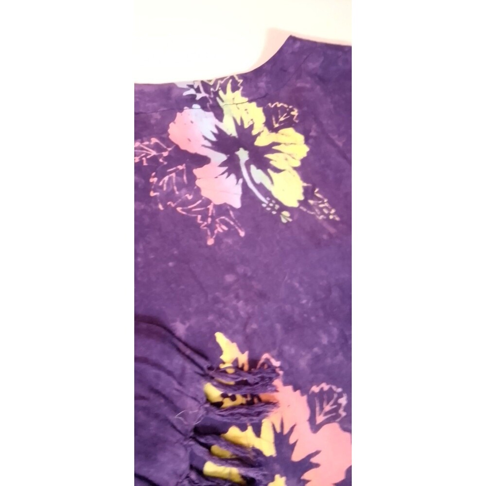 Handmade Indonesian Batik Rayon Fringe Cardigan Hibiscus Floral Cover Up Medium - Picture 11 of 11